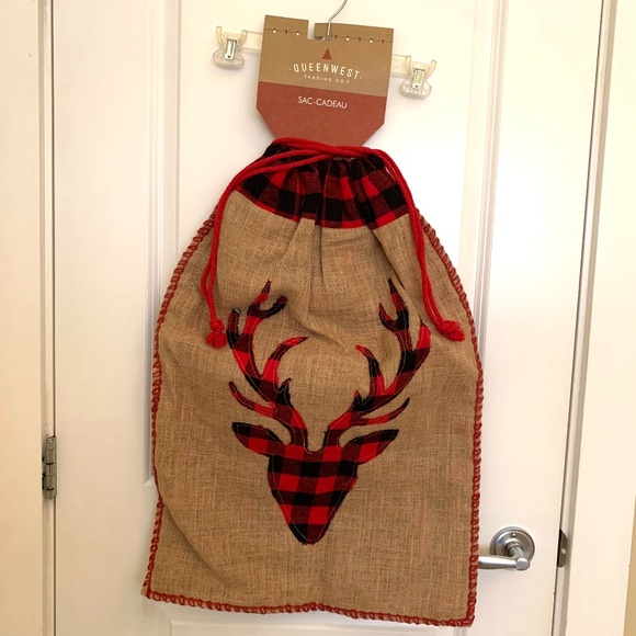 Large Festive Reindeer Burlap/ Flannel Lined Gift Bag - Picture 1 of 6